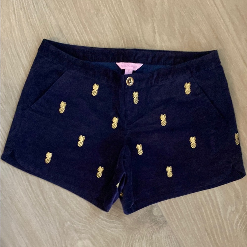 Navy Blue Shorts with Gold Pineapple Embroidery